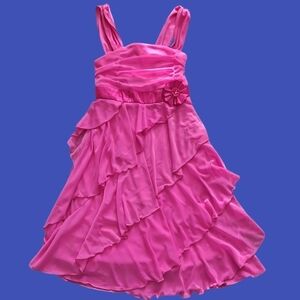 AMY BYER Hot Pink Satin Cascade Bow Tie Waist Ruffle Dress